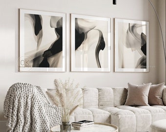 Black and Beige Wall Art, Set of 3 Prints, Neutral Wall Art, Abstract Art, Minimalist Wall Art, Gallery Wall Set, Living Room Decor, Japandi
