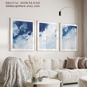 Abstrakte Blaue Wandkunst 3-er Set Prints, Blaue abstrakte Wandkunst, Moderne Wandkunst, 3-teilige Wandkunst, Blaue und weiße Kunst, druckbare Wandkunst