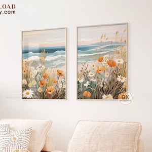 Muted Beach Set of 2 Prints, Minimalist Coastal Wall Art, Neutral Nursery Art, Ocean print, Digital download Boho Floral Bed Wall Art Flower