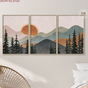 Abstract landscape prints set of 3, Terracotta printable wall art, Mountain wall art Neutral gallery wall Bohemian wall art Masculine modern