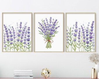 Impresión de lavanda en acuarela, juego de 3 impresiones, arte mural botánico, decoración de pared imprimible, póster de baño, juego de impresión de flores, decoración de pared morada
