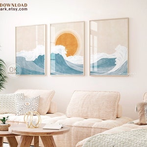 Landschaft Poster, druckbare Kunst, Meereswellen, Strand Haus Dekor, Boho Druck, abstrakte Sonne Kunst, Kinderzimmer, blaues Meer