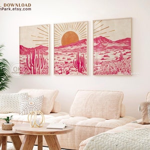 Ensemble de 3 impressions d'art rose du désert du Mexique, téléchargement numérique, vintage rétro moderne, art mural imprimable, art mural cactus, décoration murale, paysage