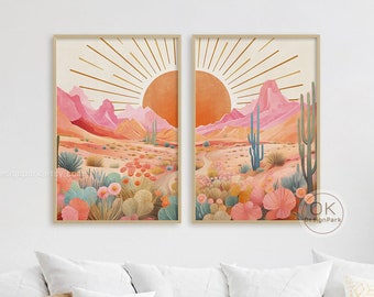 Colorful Western Desert Print, Retro Midcentury Modern Poster, Botanical Cactus Decor, Mountain Sunset, Vintage Wild West Art, landscape