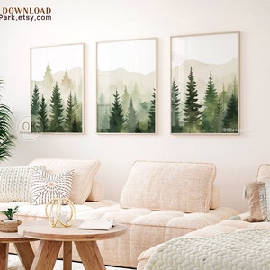 Sage Green Mountain 3 Piece Wall Art Watercolor Mountain Landscape, Boho Abstract Nature Print Modern Minimal Decor Pine Forest Wall Art