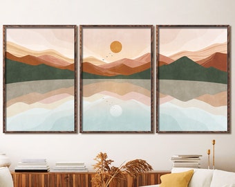 Mountain Print, Mountain Landscape, Set of 3 Wall Art, Printable Wall Art Mid Century Sun Terracotta Wall Art Above Bed Decor Boho Landscape