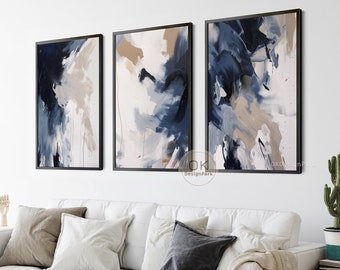 Navy Blue Wall Art Set of 3 Prints, Dark Blue Abstract Wall Art, Modern Wall Art, 3 Piece Wall Art, Blue and White Art, Printable Wall Art