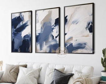 Navy Blue Wall Art Set of 3 Prints, Dark Blue Abstract Wall Art, Modern Wall Art, 3 Piece Wall Art, Blue and White Art, Printable Wall Art