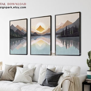 Landscape Print Set of 3, Sun and Mountain Wall Art, Boho ocean, Minimalist Art, Abstract Mountain, Sunset poster, Room decor, Nature Art