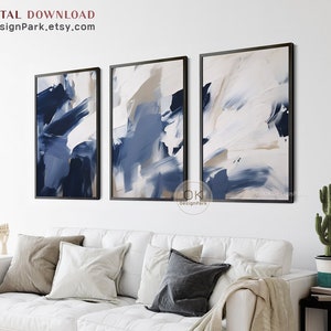 Marineblaue Wandkunst Set mit 3 Drucken, dunkelblaue abstrakte Wandkunst, moderne Wandkunst, 3-teilige Wandkunst, blaue und weiße Kunst, druckbare Wandkunst