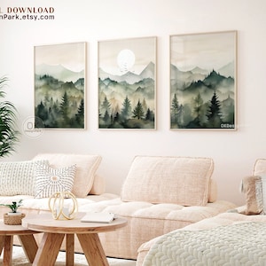 Salbei grüne Berge 3-teilig Wandkunst Aquarell Berglandschaft, Boho Abstrakt Natur Druck Moderne Minimal Dekor Kiefernwald Wandkunst