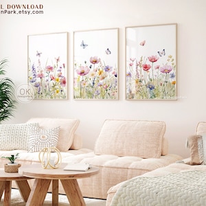 Floral Watercolor Print Set of 3, Wildflower Field Wall Art, Printable Colorful Flower Artwork Digital Download Watercolor Spring Home Decor