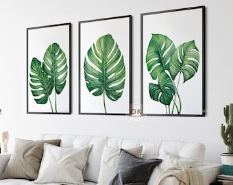 Tríptico de arte mural de Monstera en acuarela, conjunto de impresiones botánicas, arte mural para sala de estar, naturaleza, ilustraciones de plantas, descarga digital imprimible
