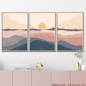 Sonnenuntergang Druck, Modernes 3er Set, Ozean Welle Poster, Abstrakte Wand Dekor, Boho Landschaft Berg Meer Sonne Friedliche Wand Kunst Schlafzimmer Mid Century