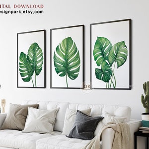 Watercolor Monstera Wall Art Triptych, Botanical Print Set, Living Room Wall Art, Nature, Plant Illustrations, Digital Download Printable