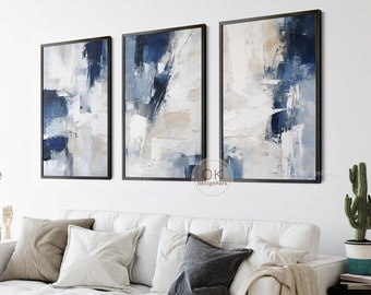 Navy Blue Wall Art Set of 3 Prints, Dark Blue Abstract Wall Art, Modern Wall Art, 3 Piece Wall Art, Blue and White Art, Printable Wall Art