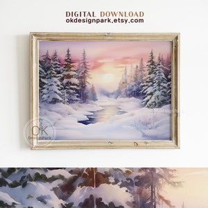 Bosque de pinos de invierno, pintura navideña, impresión de arte digital, paisaje rústico, impresión de árboles de hoja perenne nevados, arte de pared imprimible, acuarela