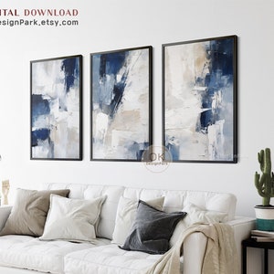 Conjunto de arte de parede azul marinho com 3 impressões, arte abstrata de parede azul escuro, arte de parede moderna, arte de parede de 3 peças, arte em azul e branco, arte de parede para impressão