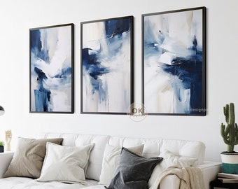 Navy Blue Wall Art Set of 3 Prints, Dark Blue Abstract Wall Art, Modern Wall Art, 3 Piece Wall Art, Blue and White Art, Printable Wall Art