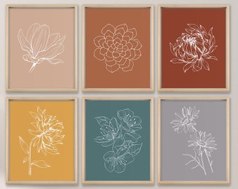 Juego de 6 impresiones bohemias, decoración estética para habitaciones, set de arte con colores botánicos, set de galería de pared, póster estético, sala de estar moderna, línea de flores