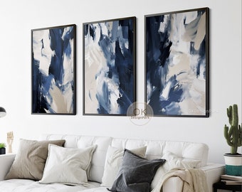 Navy Blue Wall Art Set of 3 Prints, Dark Blue Abstract Wall Art, Modern Wall Art, 3 Piece Wall Art, Blue and White Art, Printable Wall Art