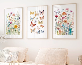 Watercolor Wildflower Wall Art, Floral Print Set of 3, Printable Colorful Flower Artwork, Digital Download, Girls Room Decor Living Room Art