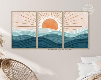 Ocean Waves Print, Boho Beach Print, Ocean Wall Art, Modern Ocean Prints, Beach House Decor Abstract Sun Abstract Landscape Téléchargement instantané