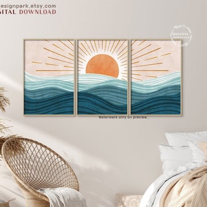 Stampa delle onde dell&#39;oceano, stampa Boho Beach, arte della parete dell&#39;oceano, stampe oceaniche moderne, arredamento della casa sulla spiaggia Paesaggio astratto del sole astratto Download istantaneo