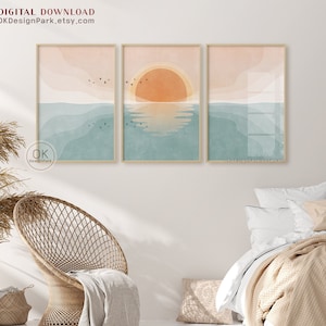 Ocean Waves Print, Boho Beach Print, Ocean Wall Art, Modern Ocean Prints, Beach House Decor Abstract Sun Abstract Landscape Instant Download