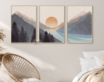 Sun and Mountain Wall Art, Abstract Mountain, Masculine wall art, Sunset poster, Landscape Print Set, Print Set of 3, Minimalist Art, Boho