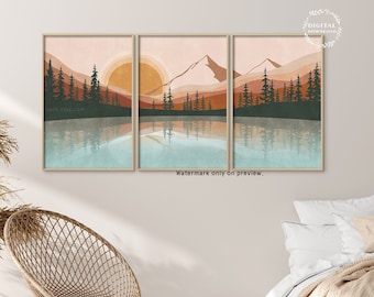 Mountain Print, Mid Century, Mountain Landscape, Set of 3 Wall Art Printable Wall Art Sun Terracotta Wall Art Above Bed Decor Boho Landscape