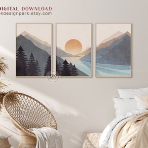 Sun and Mountain Wall Art, Abstract Mountain, Masculine wall art, Sunset poster, Landscape Print Set, Print Set of 3, Minimalist Art, Boho