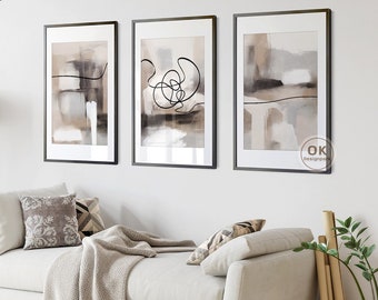 Abstract printable wall art Set of 3, Modern Neutral, Black and Beige abstract prints Minimalist Neutral gallery wall Bedroom decor download