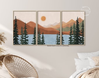 Mountain Print, Mid Century Sun, Terracotta Wall Art, Mountain Landscape Set of 3 Wall Art Printable Wall Art Above Bed Decor Boho Landscape
