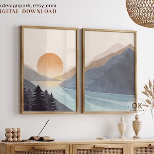 Sun and Mountain Wall Art, Sunset poster, Masculine Wall Art, Abstract Mountain, Landscape Print Set, Print Set of 2, Boho room decor Nature