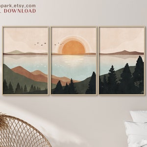 Abstract Mountain, Sun and Mountain Wall Art, Landscape Print Set, Print Set of 3, Minimalist Art, Sunset poster, Boho room decor Nature Art