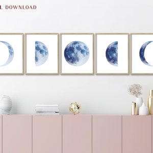 Moon Wall Art, Moon Phase Print Set of 5 Moon Prints Living Room Gallery Minimalist Art Nordic Wall Art Watercolor moon Printable Wall Decor