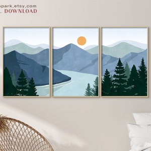 Landscape Print Set, Print Set of 3, Minimalist Art, Sun and Mountain Wall Art, Abstract Mountain, Boho Room Decor, Nature Wall Art, Gallery