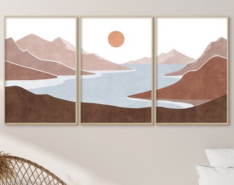 Print set van 3, landschap print set, abstracte berg, zonsondergang print, Boho moderne muur kunst minimalistische kunst Boho muur decor boven bed kunst aan de muur