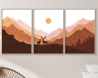 Mid Century Zon, Terracotta Wall Art, Boven Bed Decor Boho Landschap print Afdrukbare Kunst aan de muur Mountain Print Set Mountain Landscape Set van 3