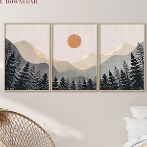 Mountain Print Set of 3, Mid Century Modern, Abstract Mountain Wall Art, Mountain Art Abstract Landscape Nature Decor Art Bedroom Art Prints