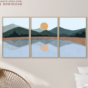 Abstract Mountain, Landscape Print Set, Sunset Print, Sun and Mountain Wall Art, Print Set of 3, Boho Modern Wall Art, Minimalist Art Nature