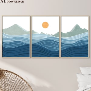 Ocean Waves Print, Boho Sun Art, Blue Abstract Wall Art 3 Set Wave Poster Room Decor Bohemian print Minimalist Sunset Print Modern Landscape