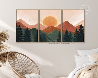 May include: A set of three digital prints featuring a minimalist mountain landscape with a sunset in the background. The mountains are in shades of brown, orange, and green, and the sky is a soft pink. The prints are perfect for adding a touch of nature to any room.