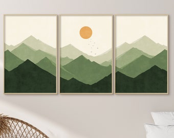 Abstract landschap, abstracte bergprint set van 3, bergmuurkunst, Boho minimale groene berg midden eeuw modern boven bed muur decor