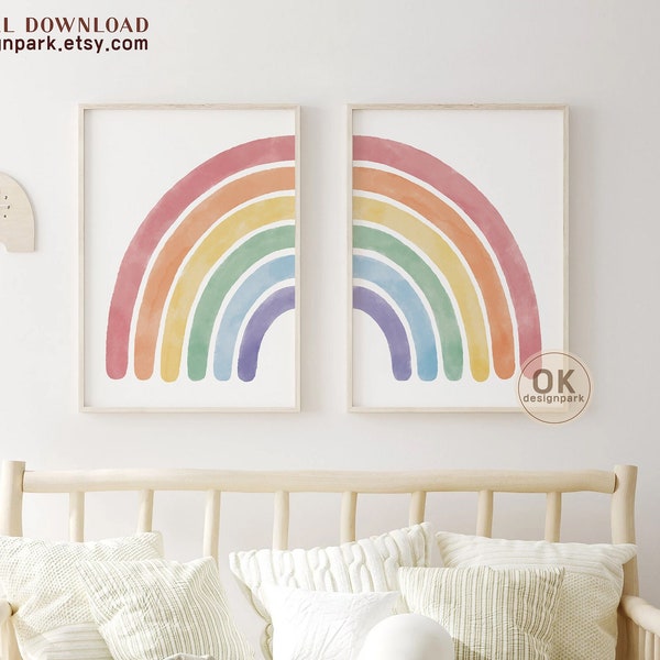 Watercolor Rainbow Print Set, Watercolor Rainbow Wall Art, Rainbow Art Prints, Canvas Set of 2, Rainbow Nursery Wall Art, Rainbow Artwork