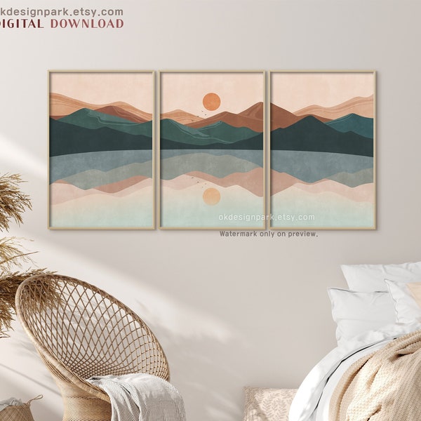 Sun and Mountain Wall Art, Landscape Print Set, Print Set of 3, Minimalist Art, Abstract Mountain, Sunset poster, Boho room decor Nature Art