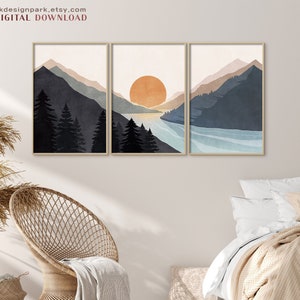 Abstract Mountain, Sun and Mountain Wall Art, Landscape Print Set, Print Set of 3, Masculine Wall Art, Minimalist Art, Sunset poster, Boho