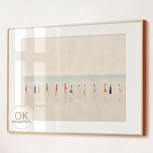 People Walking on the Beach Horizontal Wall Art – Calm Coastal Print in Neutral Tones, Minimal Seaside Decor for Living Room or Bedroom Art