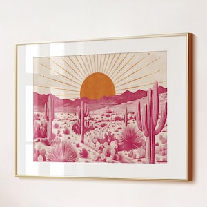 Grüner Wüsten Kaktus druckbare Kunst - Horizontale botanische Landschaft in warmen Tönen Digitaler Download für Wohnzimmer, Büro